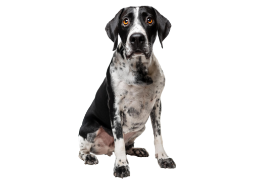 Close-up of a curious black and white spotted dog, Braque d'auvergne, with soulful eyes, sad  isolated on a transparent or white background