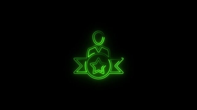 Green neon outline of a person with a star award ribbon icon on a black background user profile