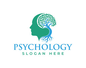 Psychology logo with a human head profile and a tree growing inside, isolated on white background