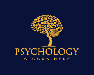 Psychology logo featuring a brain shaped tree in golden yellow on a dark blue background