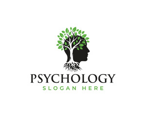 Psychology logo with a human head silhouette and a tree growing inside, isolated on a white background