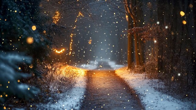 Magical winter forest path illuminated by enchanting golden fairy lights and falling snow creates a dreamlike, festive atmosphere