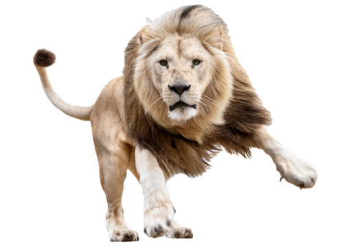 Front view of a Male adult lion jumping on the camera isolated on transparent or white background