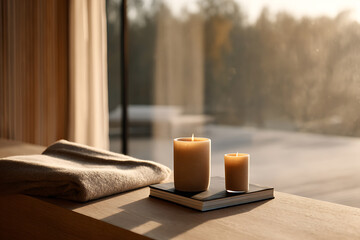 Naklejka premium autumn cozy vibes, warm, inviting space filled with candles, books, and a cozy wool blanket, bathed in soft, autumnal orange hues