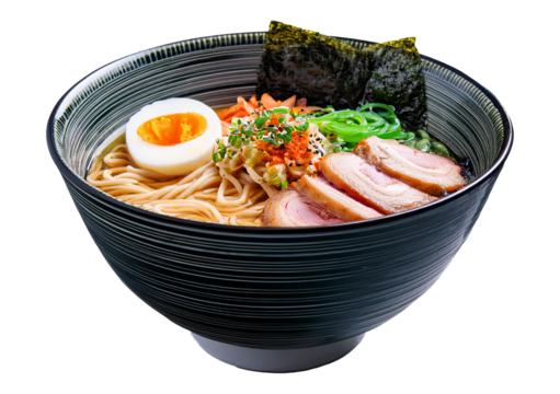 Japanese noodle ramen bowl isolated on transparent or white background