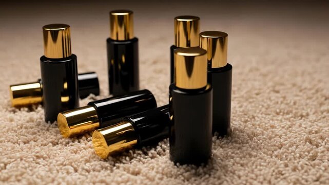 Group of black bottles with gold lids on carpet, perfect for beauty product mockups.