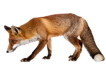 Red fox looking up, two years old isolated on a transparent or white background