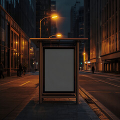 Nighttime bus stop shelter in an urban setting featuring an unlit advertising screen suitable for mockup displays.