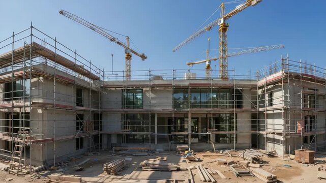 Building construction site with cranes and scaffolding under clear blue sky