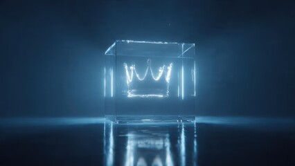 glowing crown silhouette floating inside crystal cube, leadership excellence, soft cinematic light