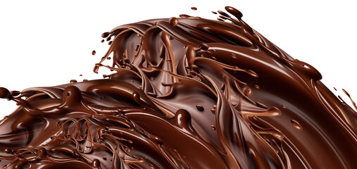 Dynamic Melted Chocolate Splash Wave . Rich Melted Chocolate Swirls and Texture . liquid Chocolate Rich and Creamy long wave Splash Flowing Elegantly, hot cocoa drink isolated on png background 
