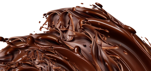 Dynamic Melted Chocolate Splash Wave . Rich Melted Chocolate Swirls and Texture . liquid Chocolate Rich and Creamy long wave Splash Flowing Elegantly, hot cocoa drink isolated on png background 
