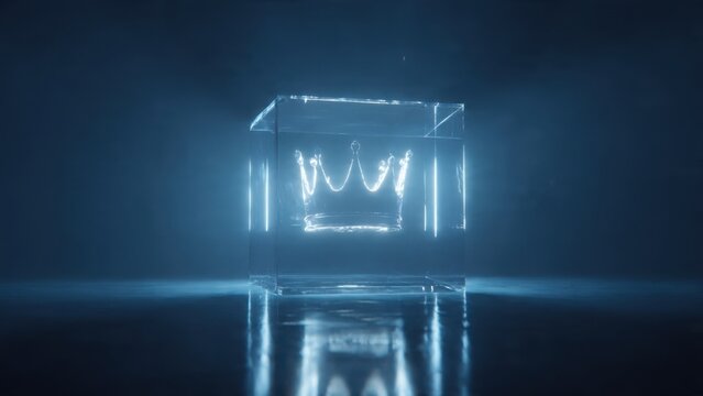 glowing crown silhouette floating inside crystal cube, leadership excellence, soft cinematic light