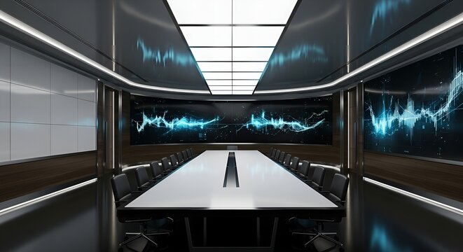 Modern Futuristic Conference Room Interior Design with Financial Data Display