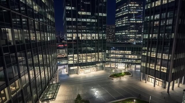 Modern office buildings illuminated at night, creating a dazzling urban landscape reflecting advanced architecture and city lights