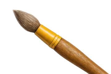 Round bristle paintbrush with wooden handle and yellow ferrule, tool for painting, watercolor, ink, and art supplies, on transparent background