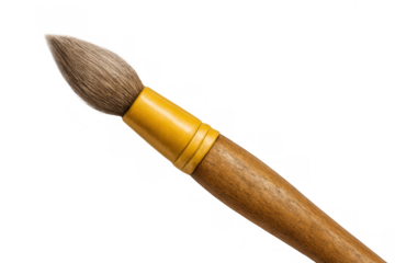 Round bristle paintbrush with wooden handle and yellow ferrule, tool for painting, watercolor, ink, and art supplies, on transparent background