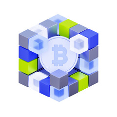 Obraz premium 3D icon of a Bitcoin coin surrounded by blockchain blocks For representing blockchain technology, the Bitcoin network, decentralized ledger systems, and cryptocurrency structure.