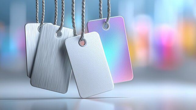 A group of glossy metallic and holographic tags hang on twisted cords with a colorful blurred background. Perfect for advertising, branding, or modern e-commerce design