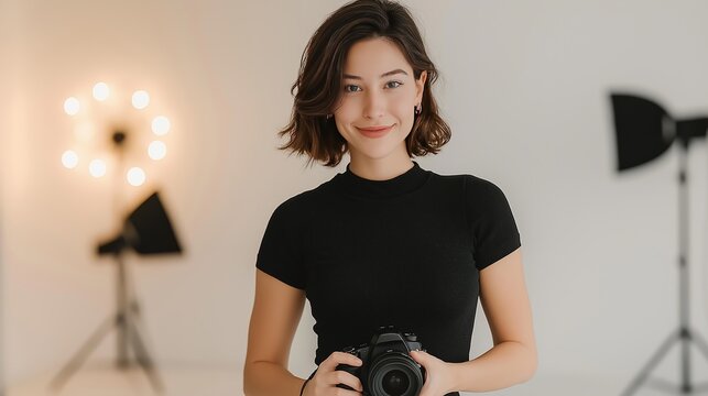 Young female photographer with camera stands in a bright studio interior. Commercial concept of professional photography, art, and creative business