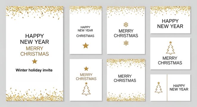 Elegant merry christmas and happy new year greeting cards set isolated on white background