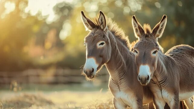 Two donkeys standing close together in sunlit field