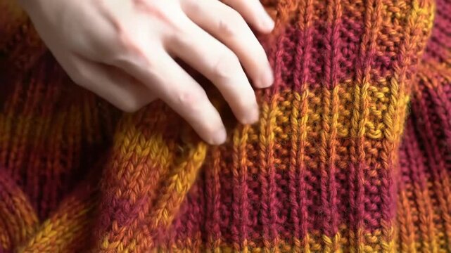 Hand touches hand-knitted, colorful fabric, showing detail of stitches, good for textures