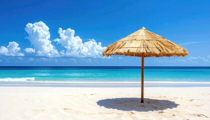Fototapeta premium A Tropical Beach Scene With a Thatched Umbrella Standing on White Sand With Turquoise Water and Blue Sky in the Background