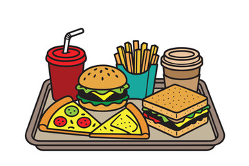 A lively and colorful vector composition of fast food favorites like burgers, pizza, fries, sandwiches, and soda, symbolizing modern eating, fun, and delicious comfort food.