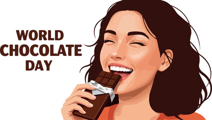Woman Happy Eating Chocolate Bar World Chocolate Day Celebration Flat Design