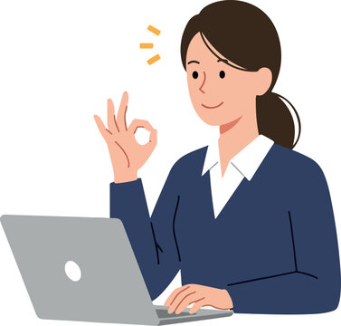 Woman Giving Okay Gesture Working On Laptop Flat Design Illustration