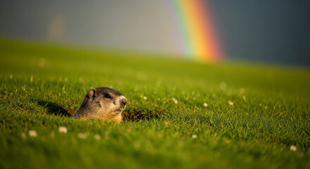 A curious marmot peeks out from its burrow under a vibrant rainbow in a lush green meadow