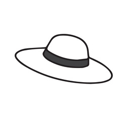 A simple black and white vector showing a round women’s beach hat, representing holiday leisure, feminine style, and sunny coastal adventures with a minimalist flair.