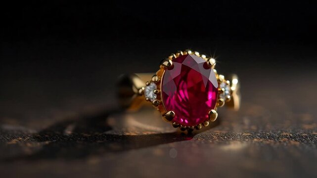 Stunning deep red ruby gemstone ring with intricate gold setting sparkles brilliantly, symbolizing love, passion, and luxury in a close up studio shot with soft lighting.