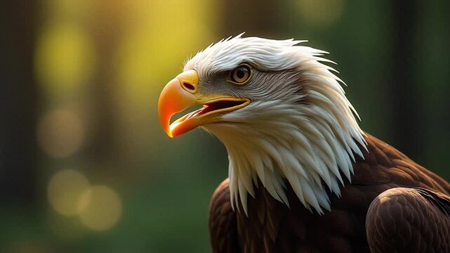 Majestic bald eagle screeches ferociously with beak wide open in natural forest setting, symbolizing power and freedom