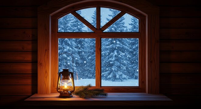 Cozy cabin window frames snowy forest landscape with glowing lantern on sill during a peaceful winter evening, creating a warm and inviting atmosphere.