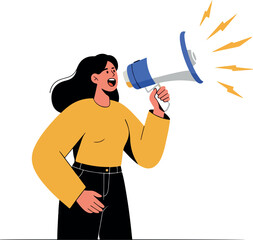 Fototapeta premium Woman With Megaphone Announcing News In Yellow Top Isolated On White