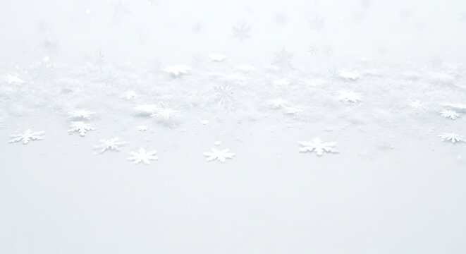 Delicate snowflakes falling on pristine white snow creating a peaceful winter scene with a soft, ethereal atmosphere perfect for holiday themes.