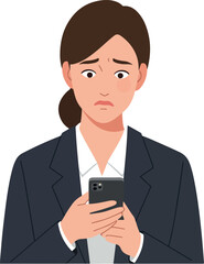 Worried Woman in Dark Suit Looks at Smartphone Minimal Flat Illustration