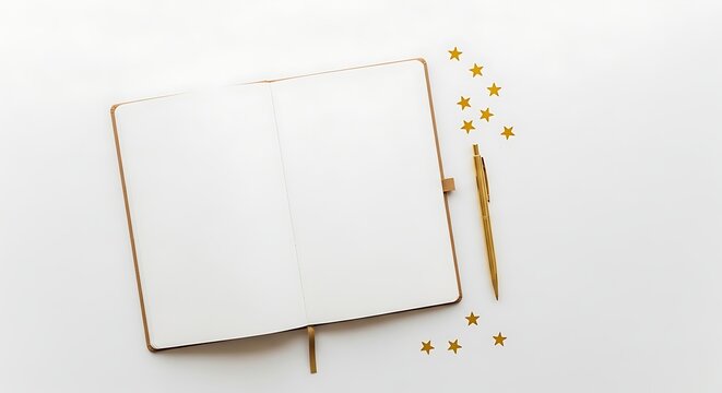 Open notebook lies on white surface with gold pen and star confetti, creating a clean and inspiring workspace for creative planning and journaling.