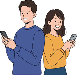 Young Couple Holding Smartphones Casual Outfits Isolated White Background