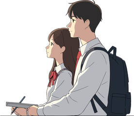 Young Couple In School Uniforms Looking Up Together With Backpacks