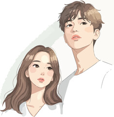 Young Couple Portrait Minimalist Illustration Soft Colors