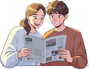 Young Couple Reading Newspaper Together With Warm Sunlight Backlighting
