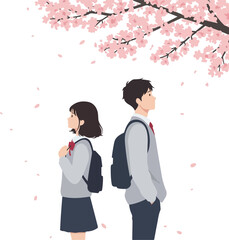 Young Couple Under Cherry Blossoms Pink Spring Season Flat Design Vector