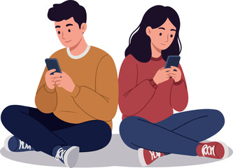 Young Couple Using Smartphones Sitting Together Casual Outfits Flat Design