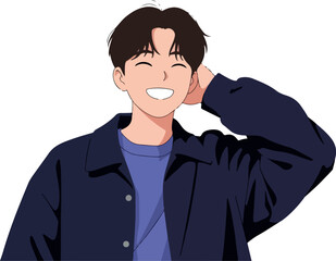 Young Man Smiling in Blue Jacket and Purple Shirt Flat Design