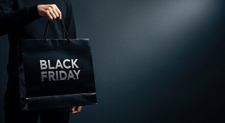 Black Friday promotional sale with person holding black shopping bag