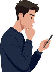 Young Man Thinking While Holding a Smartphone Dark Blue Sweater Isolated