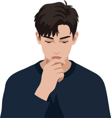 Young Man Thinking With Hand on Chin Dark Blue Sweater Isolated